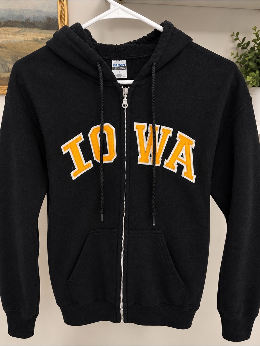 Gildan Kids Black Zip-Up Hoodie with Yellow Iowa Applique
